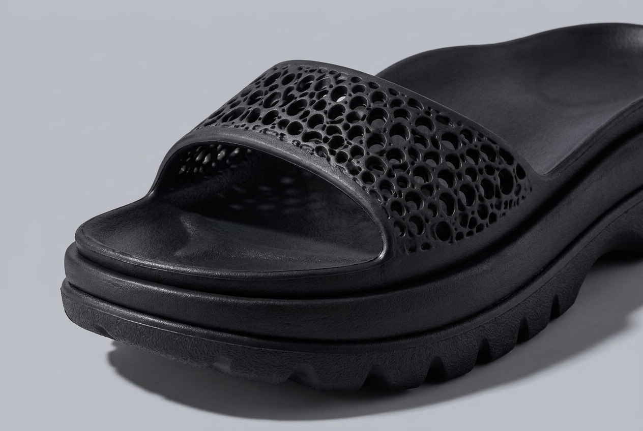 Nushu Sandal — close-up of the perforated strap and sculptural three-layer sole